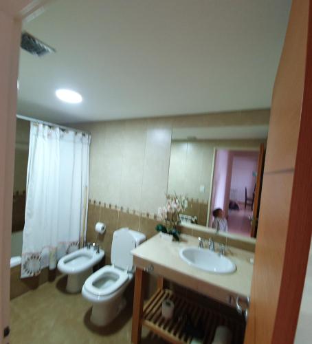 a bathroom with two toilets and a sink and a mirror at Ushuaia Armonia in Ushuaia
