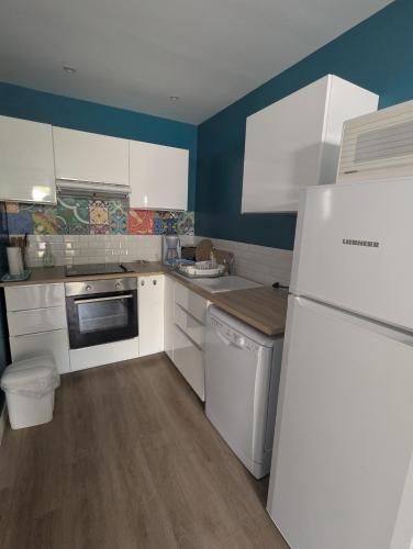 a kitchen with white appliances and a blue wall at Le Mas de la Palmeraie - Mas 3 dans propriété privée au calme avec piscine et tennis in Bormes-les-Mimosas
