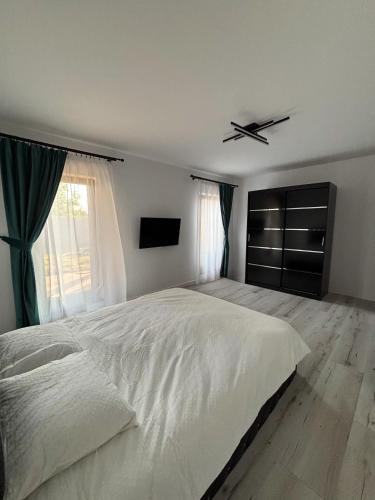 a bedroom with a large bed and a ceiling fan at Casa Stefan in Sînmartin
