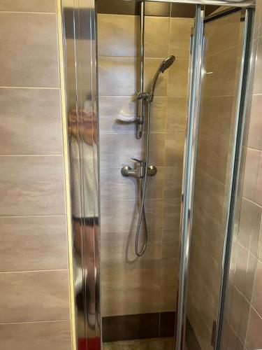 a shower in a bathroom with a glass door at I Tramonti del Salento in Gallipoli