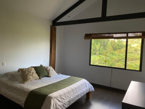 a bedroom with a bed and a large window at Casa Bambuco Filandia in Filandia