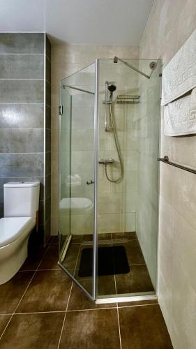 a bathroom with a glass shower with a toilet at Stylish apartments White Sails View in Batumi