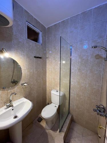 a bathroom with a toilet and a sink and a shower at RK Hotel in Luxor