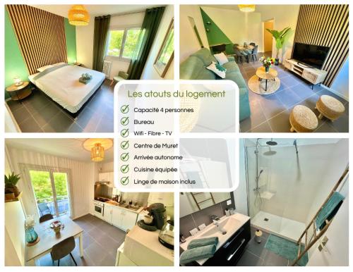 a collage of four pictures of a living room at " Souffle Vert " Wifi - TV - 4 personnes in Muret
