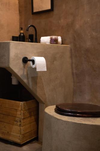 a bathroom with a toilet and a sink with a toilet paper at Rancho Sol Rosa in La Becerrera