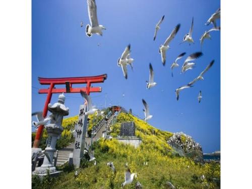 a flock of birds flying around a red torii gate at Hotel Tetora Hachinohe - Vacation STAY 46511v in Hachinohe