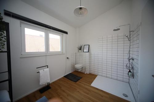 a bathroom with a shower and a toilet and a window at P-Hosting Kitten Manor im Kurort Bad Waldsee in Bad Waldsee