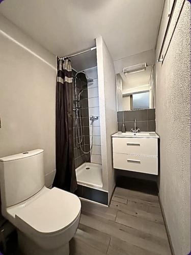 une salle de bain avec toilettes, lavabo et douche dans l'établissement Maison La Terre du Midi à Sérignan, à Sérignan