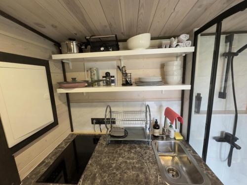 a kitchen with a sink in a tiny house at Melnā kalna kamene in Vestiena