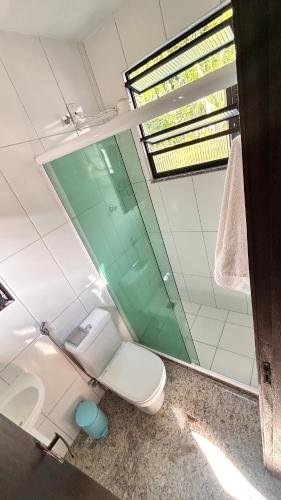a bathroom with a toilet and a green glass window at Suites Palmar - Praia da Biscaia in Angra dos Reis