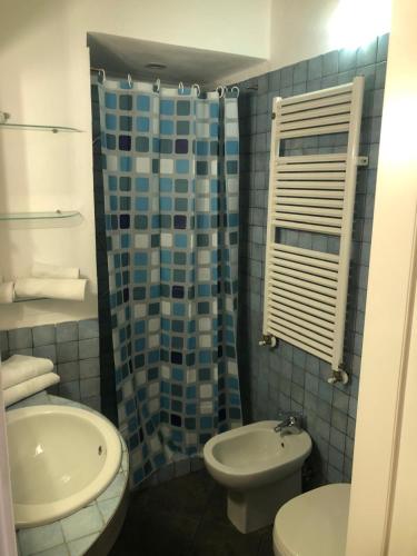 a bathroom with a shower and a toilet and a sink at Modà Antica Dimora in San Marino