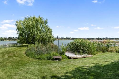 a park bench sitting in the grass next to a lake at Lakefront Washington Home with Private Pool and Sauna in Moses Lake