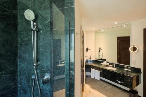 a bathroom with a shower and a sink and a mirror at Occidental at Xcaret Destination - All Inclusive in Playa del Carmen