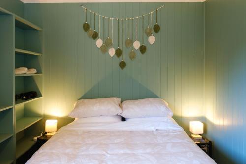a bedroom with a bed with two pillows and two lamps at Treetops in Blenheim