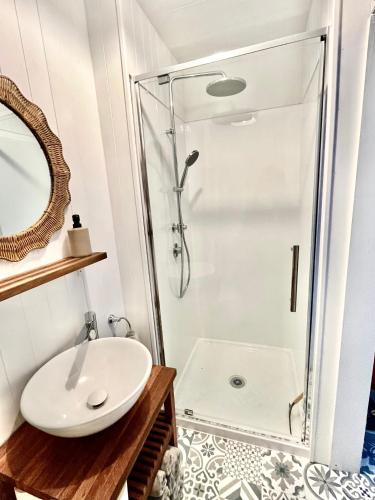 a bathroom with a shower and a sink at Treetops in Blenheim