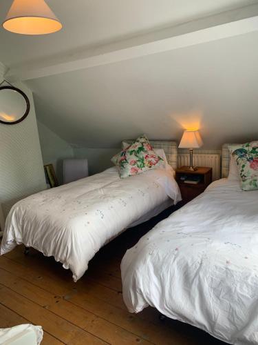 a bedroom with two beds with pillows on them at Chatterbox Cottage 