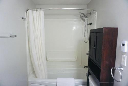a bathroom with a shower with a toilet and a tub at Spacious 4BR Family Home - Wine Fridge, Patio, Parking in Thompson