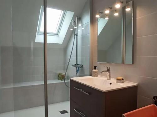 a bathroom with a sink and a shower with a mirror at Maison proche plages Le Croisic, parking inclus - FR-1-843-14 in Le Croisic