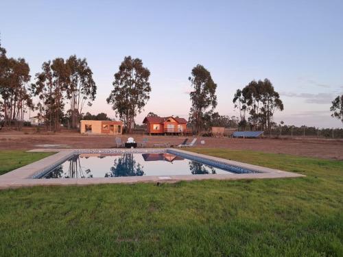 a pool of water in a field with a house in the background at Cabaña Amelia de Tunquen in San Antonio