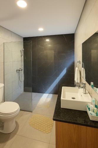 a bathroom with a toilet and a sink and a shower at Acogedor dpto Zona Shoppings in Asunción
