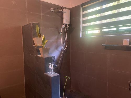 a bathroom with a shower with a plant in it at RW Homestay in Wegala