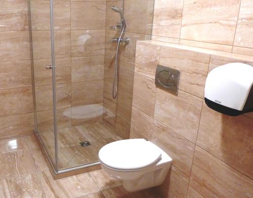 uma casa de banho com um chuveiro e um WC. em Maironio apartamentas em Palanga