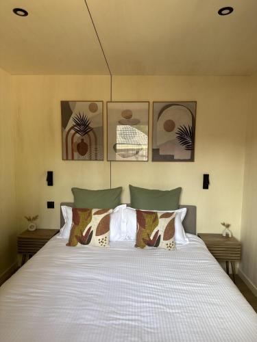 a bedroom with a large white bed with pillows at Le Lodge du Caillotin in Rosières-près-Troyes