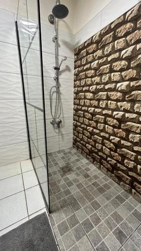 a shower in a bathroom with a brick wall at Studio à 5 min à pied de la mer in Sainte-Anne