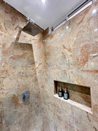 Un baño con una gran ducha de piedra con dos inodoros. en Loft de Lujo cerca de la Arena Monterrey y Barrio Antiguo, en Monterrey