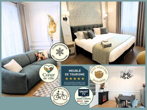 un collage de photos d'une chambre d'hôtel avec une chambre dans l'établissement VENI VEDI VICHY climatisé, 50m2 coeur de ville, à Vichy