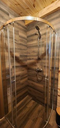 a shower in a room with a wooden wall at Etno house Nomad in Šavnik