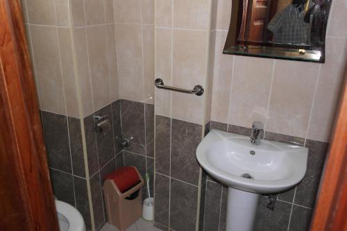 a bathroom with a sink and a toilet and a mirror at Ridge Over Suite in Accra