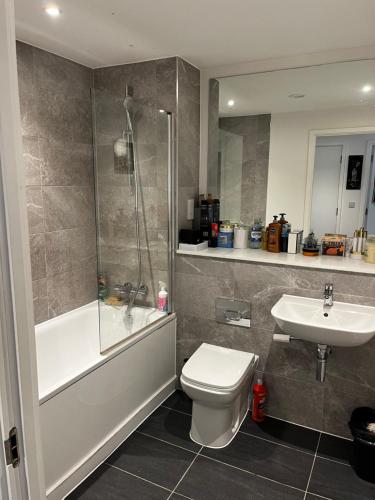 a bathroom with a toilet and a shower and a sink at Cozy flat Near Manchester - Private double room with WiFi in Manchester