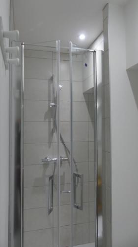 a shower with a glass door in a bathroom at Sancerre centre, Appartement duplex et ou Chambre indépendante, modulable in Sancerre