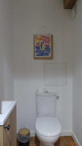 a bathroom with a white toilet and a picture on the wall at Sancerre centre, Appartement duplex et ou Chambre indépendante, modulable in Sancerre