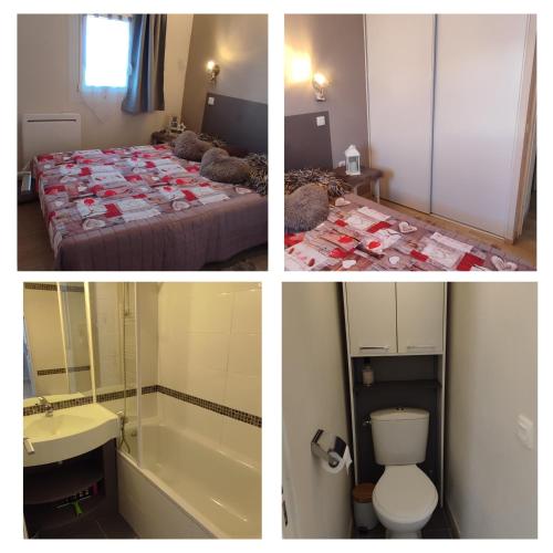 Trois photos d'une salle de bains avec un lit et une baignoire dans l'établissement Apt cosy, lumineux,idéalement placé, à Valmeinier