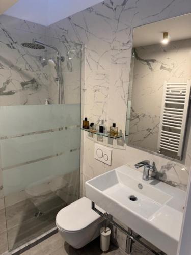 a bathroom with a sink and a toilet and a mirror at Casa Del Telegrafo in Labin