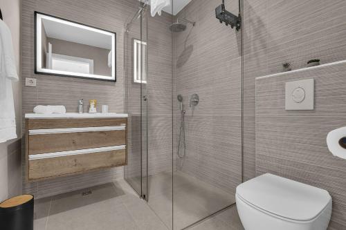 a bathroom with a shower and a toilet and a sink at Villa Solas Lux Makarska - Veliko Brdo in Veliko Brdo
