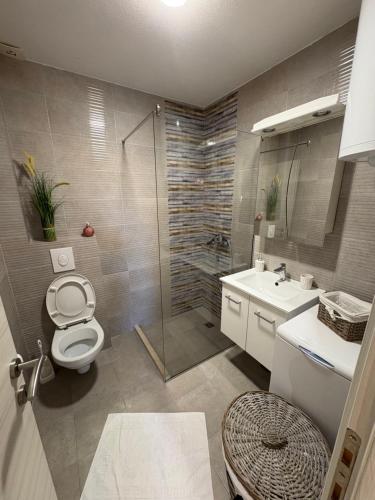 a bathroom with a toilet and a shower and a sink at Studio apartman Happy Home in Tivat