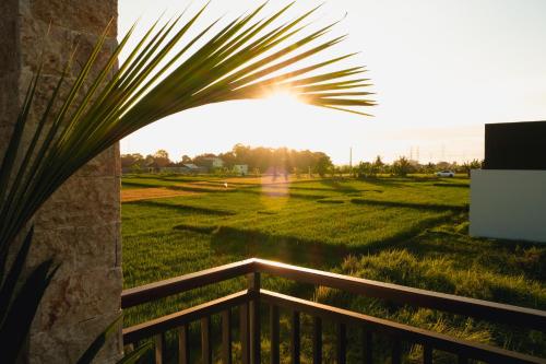 a view of a field with the sun shining through a fence at Evara Lifestyle Villa by Aayan in Tabanan