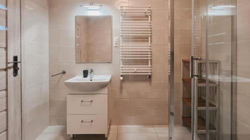 Un baño blanco con lavabo y ducha. en Na Wydmie, Sun & Snow, en Ustka
