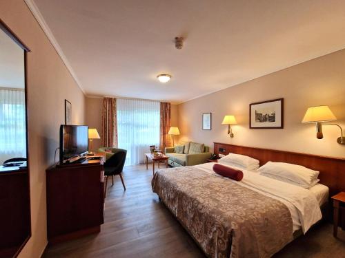 a hotel room with a bed and a television at Hotel Zum Stein Wellness & Genuss Resort in Oranienbaum-Wörlitz