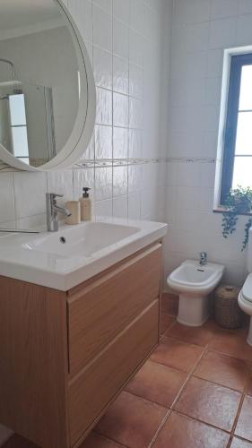 a bathroom with a sink and a toilet and a mirror at Marina azul in Puerto Calero