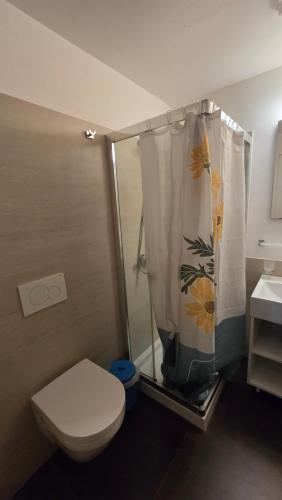 La salle de bains est pourvue de toilettes et d'une douche avec rideau de douche. dans l'établissement The Golden Secret Court, à Venise