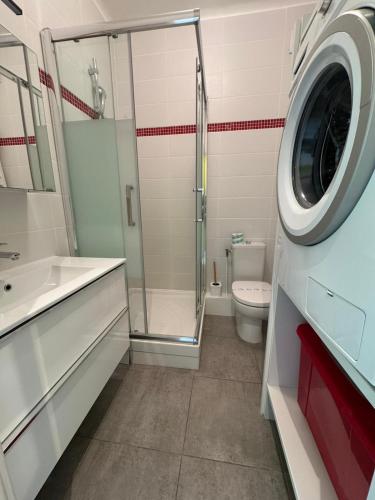 La salle de bains est pourvue d'une douche, de toilettes et d'un lave-linge. dans l'établissement NEREIDES - Appartement 4 personnes avec Vue Mer exceptionnelle à Villefranche-sur-Mer, à Villefranche-sur-Mer