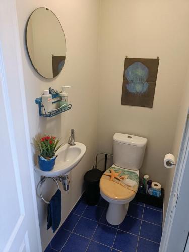a bathroom with a toilet and a sink and a mirror at Sun and Sea De Haan in De Haan