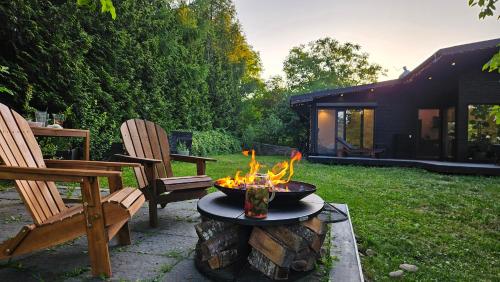 IzvoareleにあるBlack Walnut House with indoor outdoor fireplaceの椅子2脚付きの庭の火炉