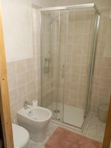 a bathroom with a shower and a toilet and a sink at Rive rosse in Masserano