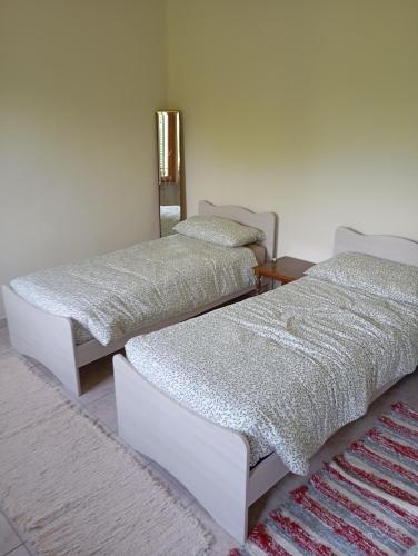 two twin beds in a room with a rug at Rive rosse in Masserano