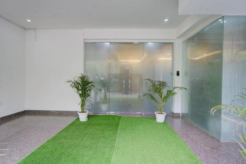 a room with a green carpet and two plants at Luxury Studio Apartment with Kitchenette & Private Balcony ,Gurugram in Gurgaon